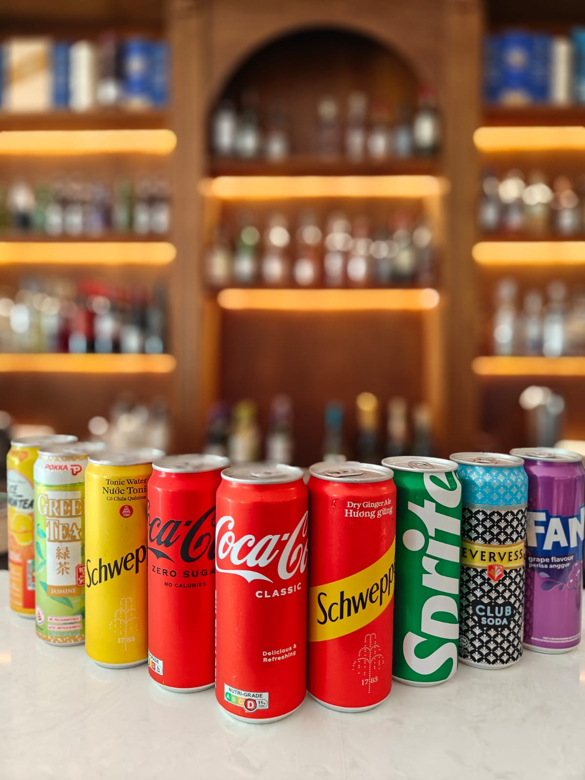 Coke,coke zero, sprite,fanta(grape),green tea,tonic water,soda,ginger ale